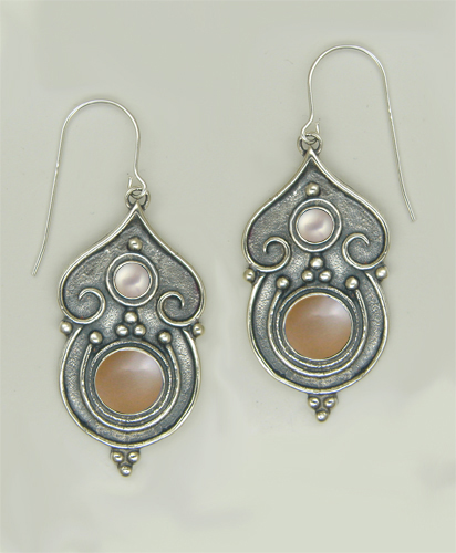 Sterling Silver Gothic Inspired Drop Dangle Earrings With Peach Moonstone And Cultured Freshwater Pearl